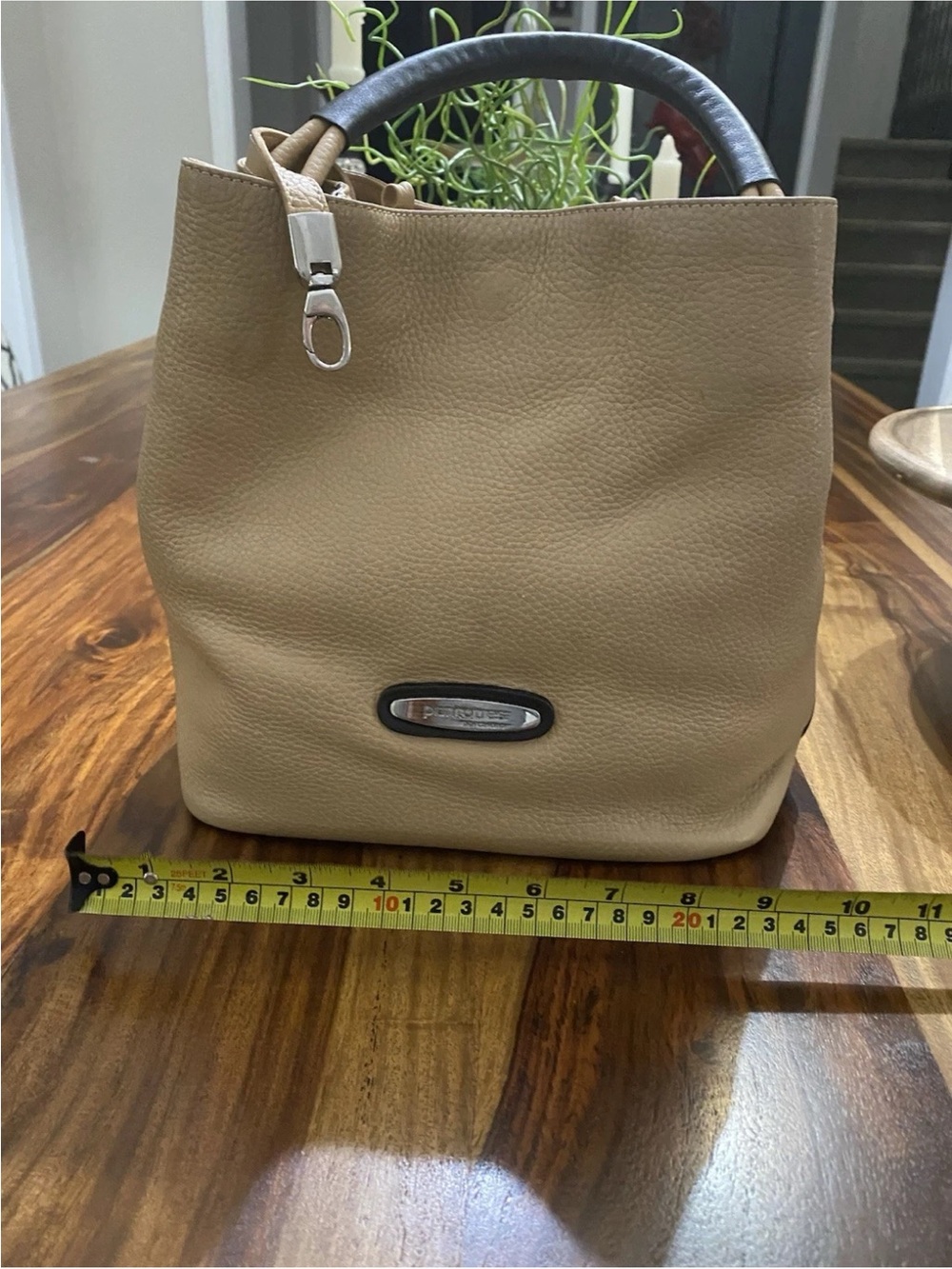 Beige Pebbled Leather Shoulder Bag with Dark Top Handle